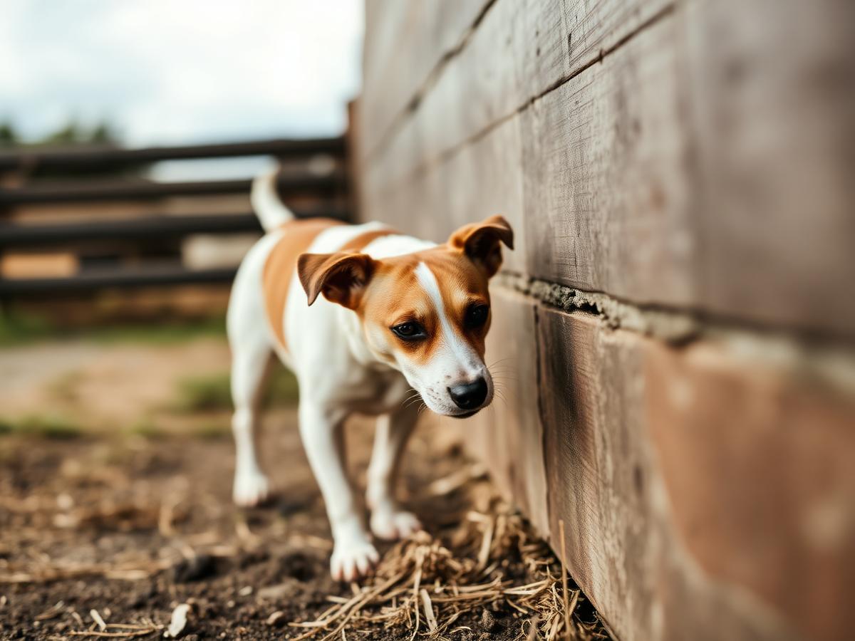 Werkhond bij een schuurmuur